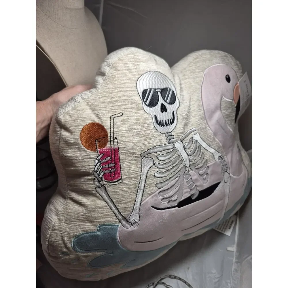 Isaac Mizrahi Summerween Skeleton And Pink Flamingo Decorative Pillow Whimsy